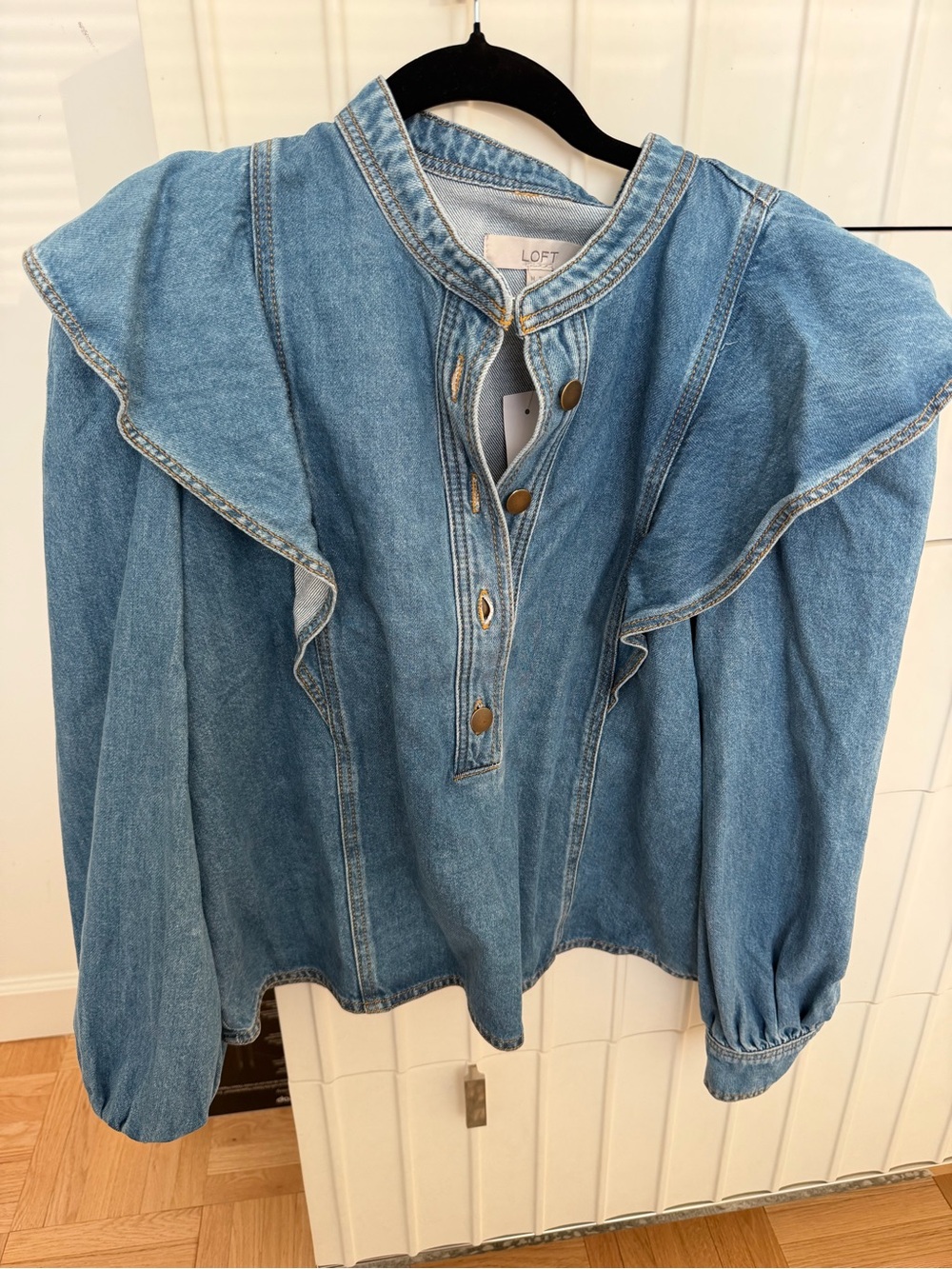 BRAND NEW LOFT Blue Denim Button-Front Ruffle Shirt